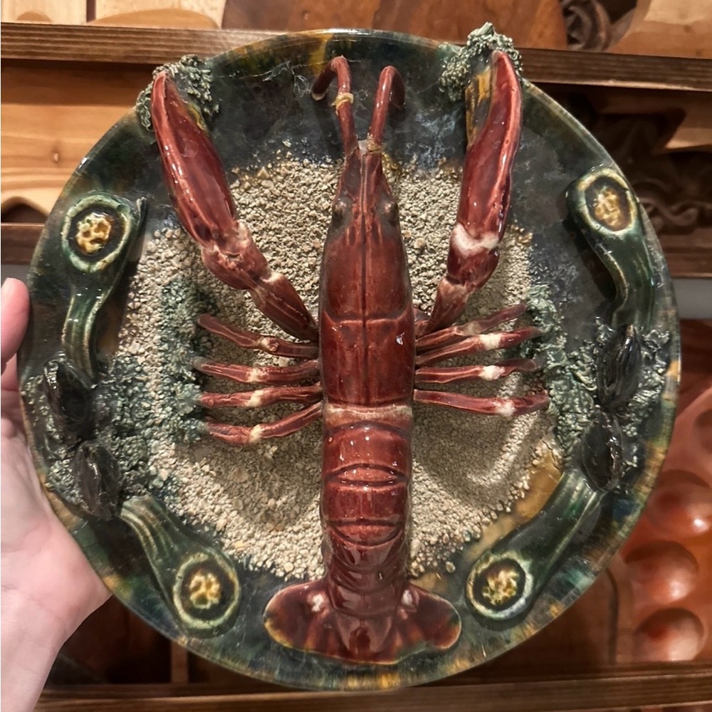 Vintage 3D Majolica Palissy Style Lobster Wall Plate Coastal Nautical